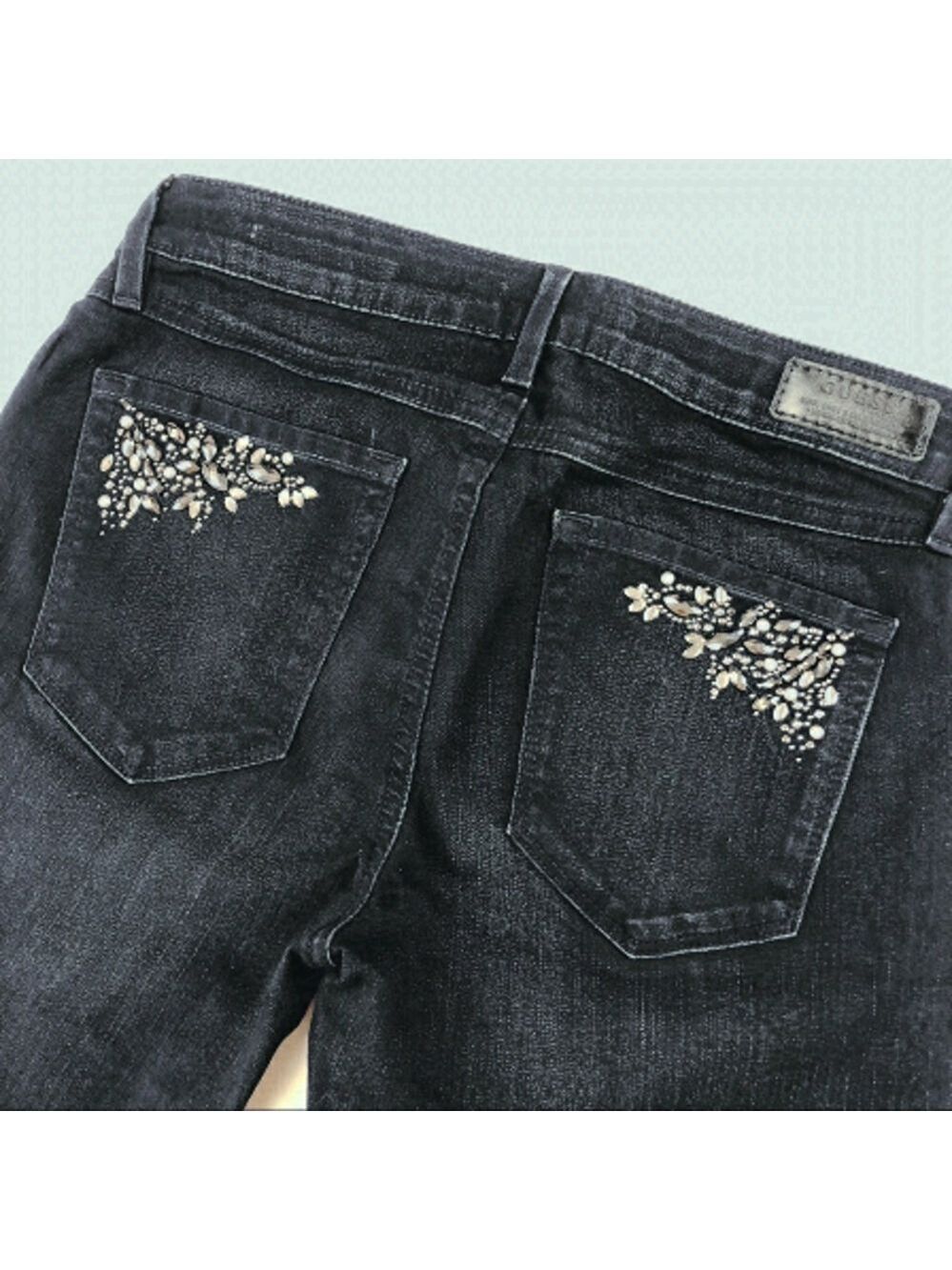 GUESS Brittany Skinny Dark Blue Denim Crystal Pockets Jeans Size 27”
